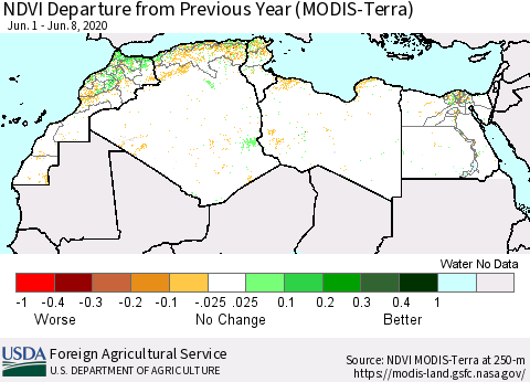 North Africa NDVI Departure from Previous Year (Terra-MODIS) Thematic Map For 6/1/2020 - 6/10/2020