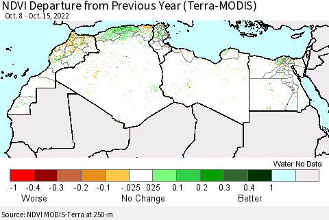 North Africa NDVI Departure from Previous Year (Terra-MODIS) Thematic Map For 10/8/2022 - 10/15/2022