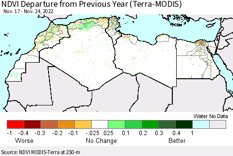 North Africa NDVI Departure from Previous Year (Terra-MODIS) Thematic Map For 11/17/2022 - 11/24/2022