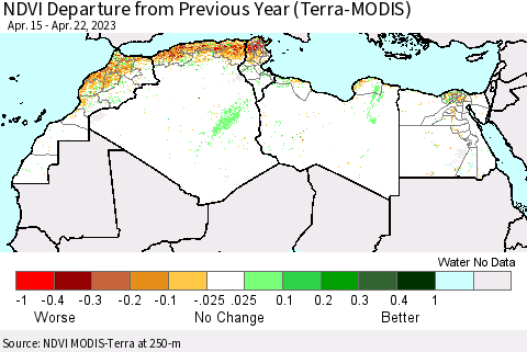 North Africa NDVI Departure from Previous Year (Terra-MODIS) Thematic Map For 4/15/2023 - 4/22/2023