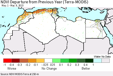 North Africa NDVI Departure from Previous Year (Terra-MODIS) Thematic Map For 5/1/2023 - 5/8/2023