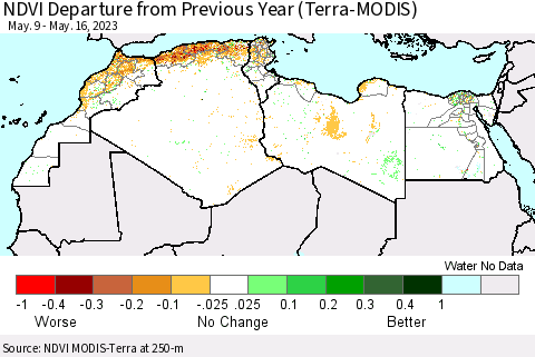 North Africa NDVI Departure from Previous Year (Terra-MODIS) Thematic Map For 5/9/2023 - 5/16/2023