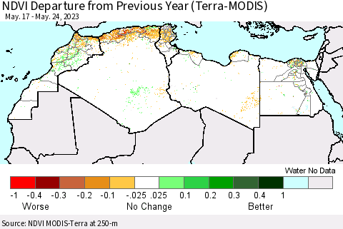 North Africa NDVI Departure from Previous Year (Terra-MODIS) Thematic Map For 5/17/2023 - 5/24/2023