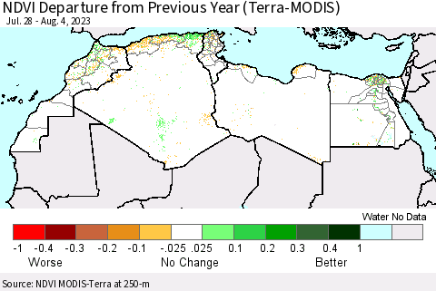 North Africa NDVI Departure from Previous Year (Terra-MODIS) Thematic Map For 7/28/2023 - 8/4/2023