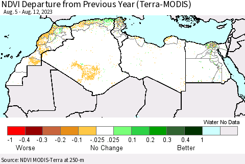 North Africa NDVI Departure from Previous Year (Terra-MODIS) Thematic Map For 8/5/2023 - 8/12/2023