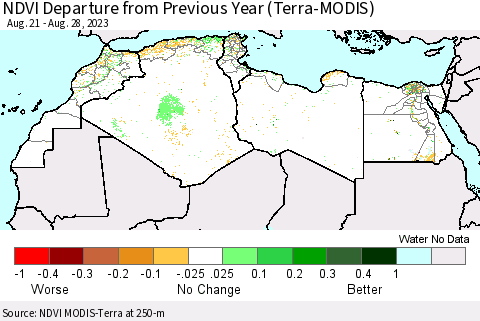 North Africa NDVI Departure from Previous Year (Terra-MODIS) Thematic Map For 8/21/2023 - 8/28/2023