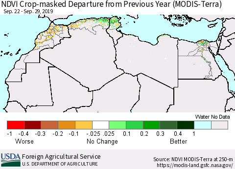 North Africa Cropland NDVI Departure from Previous Year (Terra-MODIS) Thematic Map For 9/21/2019 - 9/30/2019