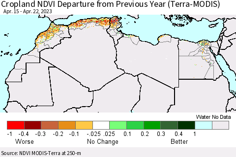 North Africa Cropland NDVI Departure from Previous Year (Terra-MODIS) Thematic Map For 4/15/2023 - 4/22/2023