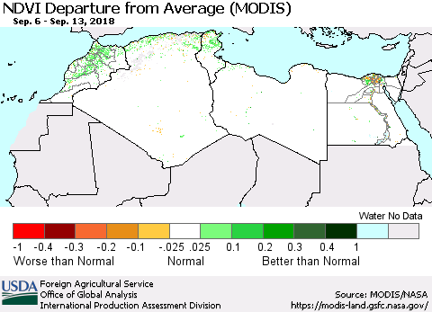 North Africa NDVI Departure from Average (Terra-MODIS) Thematic Map For 9/11/2018 - 9/20/2018