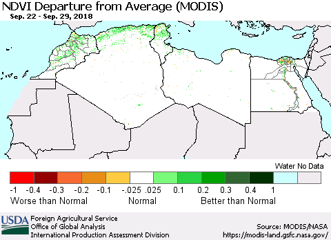 North Africa NDVI Departure from Average (Terra-MODIS) Thematic Map For 9/21/2018 - 9/30/2018