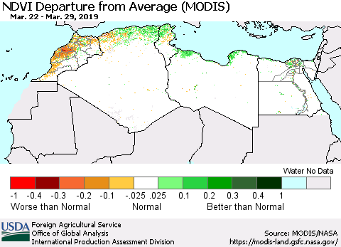 North Africa NDVI Departure from Average (Terra-MODIS) Thematic Map For 3/21/2019 - 3/31/2019