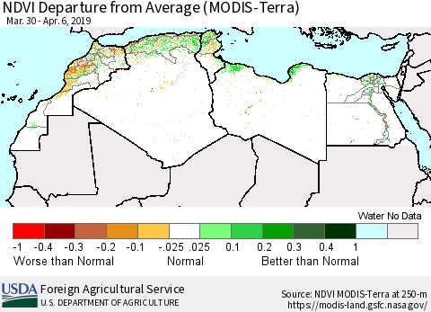 North Africa NDVI Departure from Average (Terra-MODIS) Thematic Map For 4/1/2019 - 4/10/2019