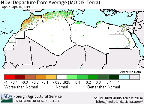 North Africa NDVI Departure from Average (Terra-MODIS) Thematic Map For 4/11/2019 - 4/20/2019