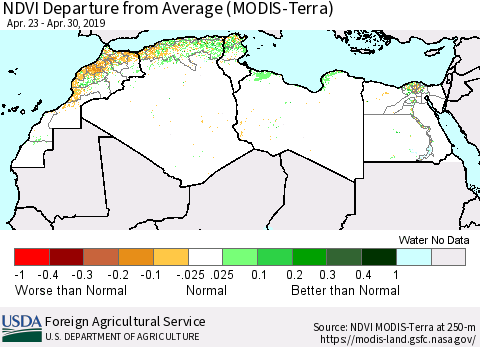 North Africa NDVI Departure from Average (Terra-MODIS) Thematic Map For 4/21/2019 - 4/30/2019