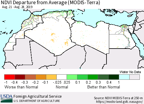 North Africa NDVI Departure from Average (Terra-MODIS) Thematic Map For 8/21/2019 - 8/31/2019