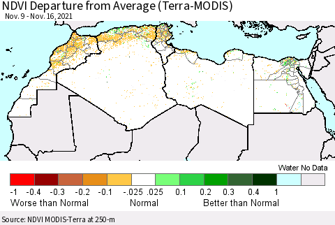 North Africa NDVI Departure from Average (Terra-MODIS) Thematic Map For 11/9/2021 - 11/16/2021