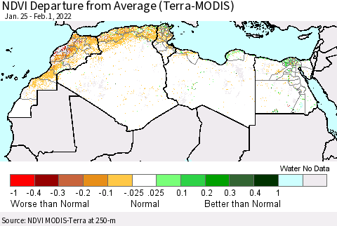 North Africa NDVI Departure from Average (Terra-MODIS) Thematic Map For 1/25/2022 - 2/1/2022