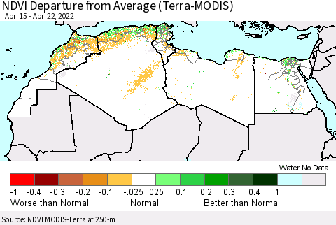 North Africa NDVI Departure from Average (Terra-MODIS) Thematic Map For 4/15/2022 - 4/22/2022