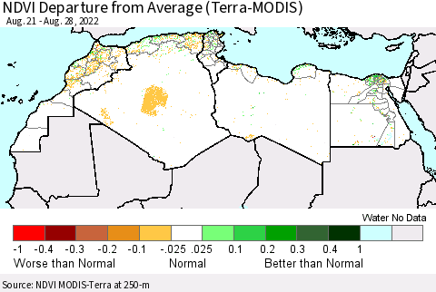 North Africa NDVI Departure from Average (Terra-MODIS) Thematic Map For 8/21/2022 - 8/28/2022