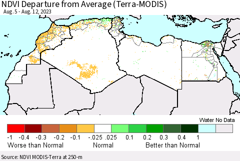 North Africa NDVI Departure from Average (Terra-MODIS) Thematic Map For 8/5/2023 - 8/12/2023