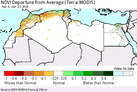 North Africa NDVI Departure from Average (Terra-MODIS) Thematic Map For 4/6/2024 - 4/13/2024