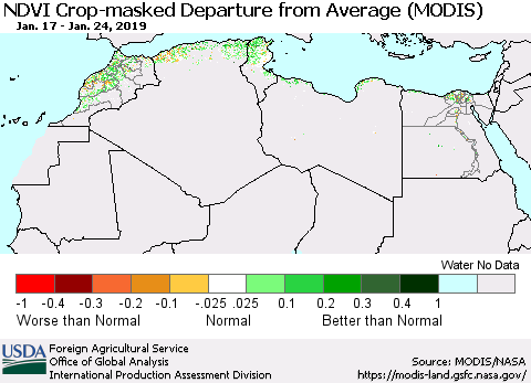 North Africa Cropland NDVI Departure from Average (Terra-MODIS) Thematic Map For 1/21/2019 - 1/31/2019