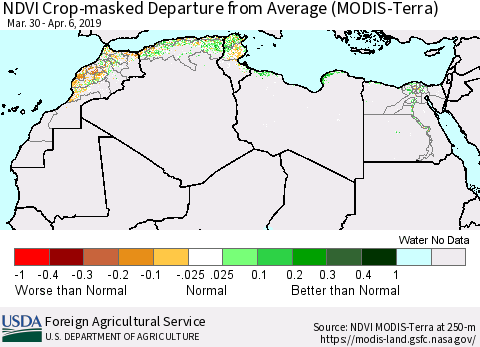 North Africa Cropland NDVI Departure from Average (Terra-MODIS) Thematic Map For 4/1/2019 - 4/10/2019