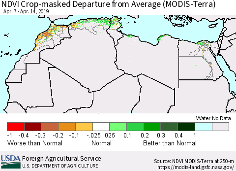North Africa Cropland NDVI Departure from Average (Terra-MODIS) Thematic Map For 4/11/2019 - 4/20/2019