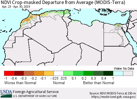 North Africa Cropland NDVI Departure from Average (Terra-MODIS) Thematic Map For 4/21/2019 - 4/30/2019