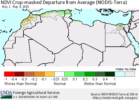 North Africa Cropland NDVI Departure from Average (Terra-MODIS) Thematic Map For 5/1/2019 - 5/10/2019