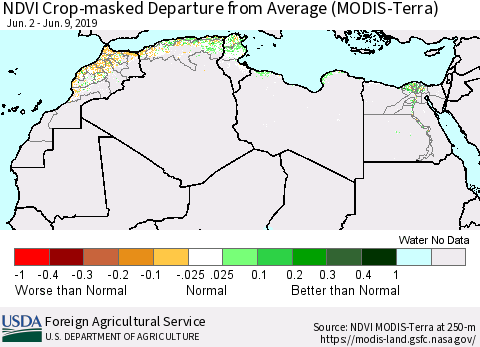 North Africa Cropland NDVI Departure from Average (Terra-MODIS) Thematic Map For 6/1/2019 - 6/10/2019