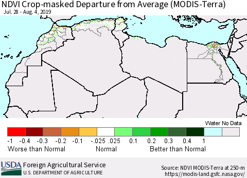 North Africa Cropland NDVI Departure from Average (Terra-MODIS) Thematic Map For 8/1/2019 - 8/10/2019