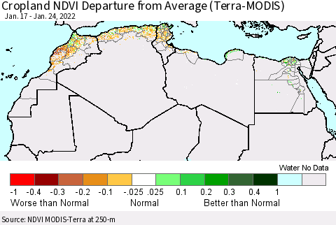 North Africa Cropland NDVI Departure from Average (Terra-MODIS) Thematic Map For 1/17/2022 - 1/24/2022
