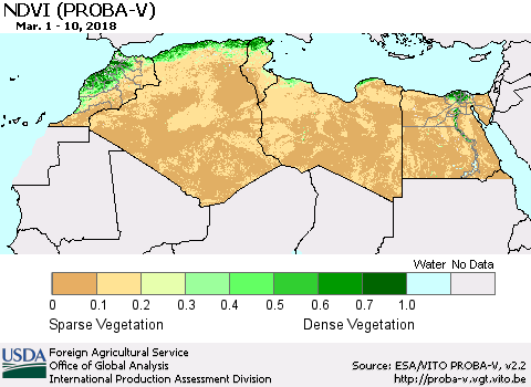 North Africa NDVI (PROBA-V) Thematic Map For 3/1/2018 - 3/10/2018