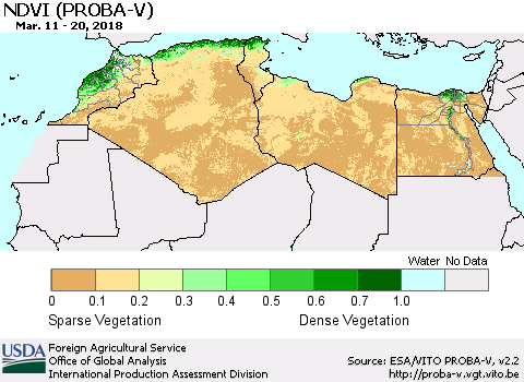 North Africa NDVI (PROBA-V) Thematic Map For 3/11/2018 - 3/20/2018
