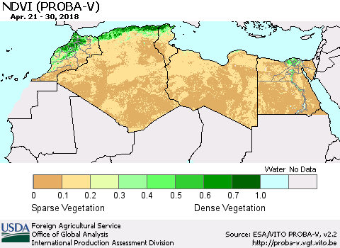 North Africa NDVI (PROBA-V) Thematic Map For 4/21/2018 - 4/30/2018