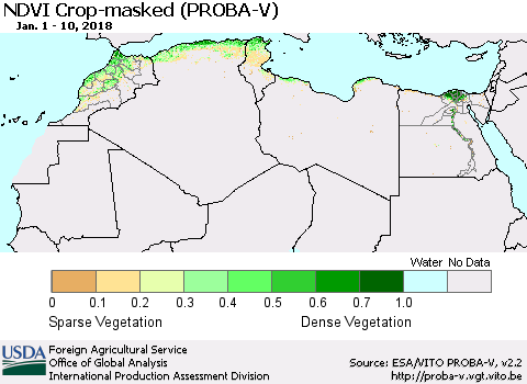 North Africa NDVI Crop-masked (PROBA-V) Thematic Map For 1/1/2018 - 1/10/2018