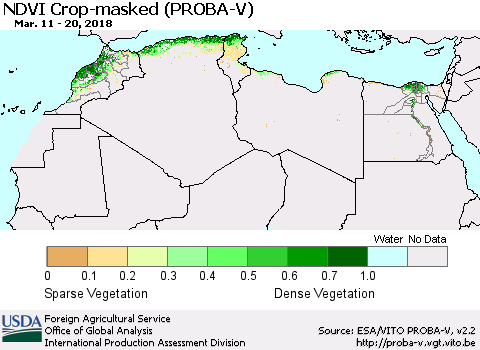 North Africa NDVI Crop-masked (PROBA-V) Thematic Map For 3/11/2018 - 3/20/2018