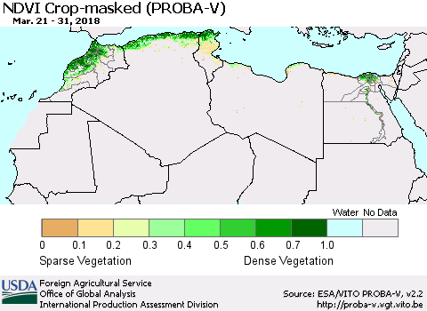 North Africa NDVI Crop-masked (PROBA-V) Thematic Map For 3/21/2018 - 3/31/2018