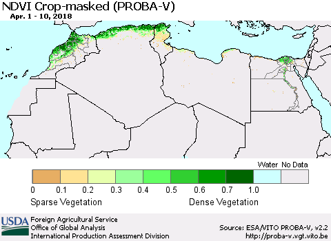 North Africa NDVI Crop-masked (PROBA-V) Thematic Map For 4/1/2018 - 4/10/2018