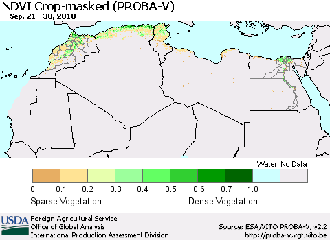 North Africa NDVI Crop-masked (PROBA-V) Thematic Map For 9/21/2018 - 9/30/2018