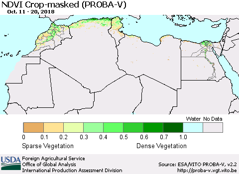 North Africa NDVI Crop-masked (PROBA-V) Thematic Map For 10/11/2018 - 10/20/2018