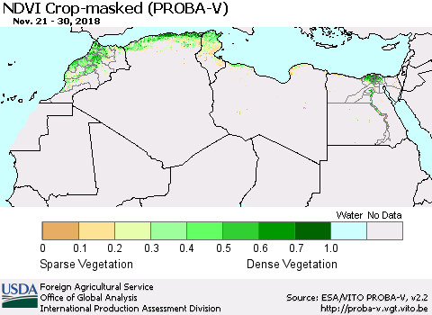 North Africa NDVI Crop-masked (PROBA-V) Thematic Map For 11/21/2018 - 11/30/2018