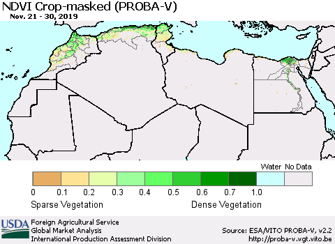 North Africa NDVI Crop-masked (PROBA-V) Thematic Map For 11/21/2019 - 11/30/2019