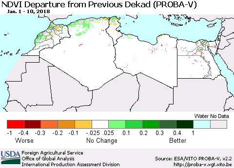 North Africa NDVI Departure from Previous Dekad (PROBA-V) Thematic Map For 1/1/2018 - 1/10/2018
