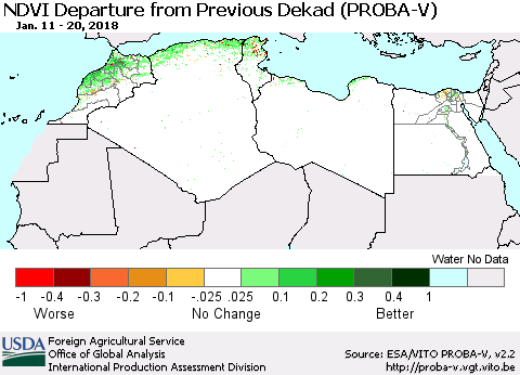 North Africa NDVI Departure from Previous Dekad (PROBA-V) Thematic Map For 1/11/2018 - 1/20/2018