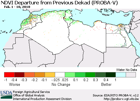 North Africa NDVI Departure from Previous Dekad (PROBA-V) Thematic Map For 2/1/2018 - 2/10/2018