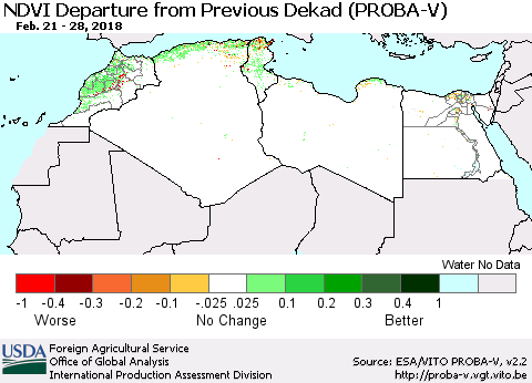 North Africa NDVI Departure from Previous Dekad (PROBA-V) Thematic Map For 2/21/2018 - 2/28/2018