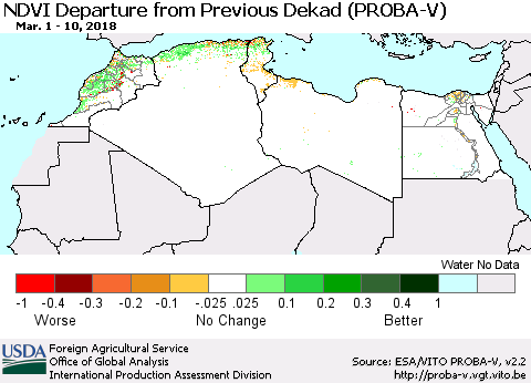 North Africa NDVI Departure from Previous Dekad (PROBA-V) Thematic Map For 3/1/2018 - 3/10/2018