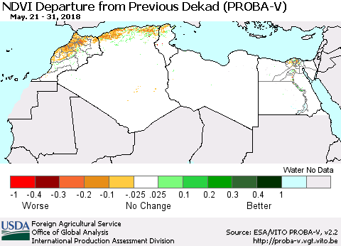 North Africa NDVI Departure from Previous Dekad (PROBA-V) Thematic Map For 5/21/2018 - 5/31/2018